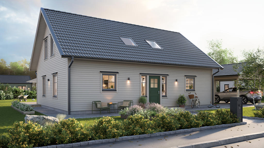 Visualisering av ett beige tvåplanshus med svart tak och spröjsade fönster